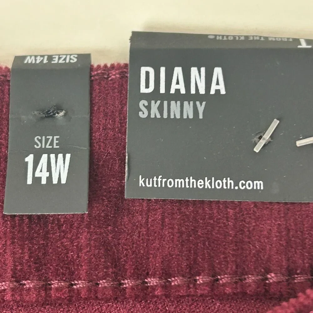 Kut From The Kloth Diana Skinny Corduroy Pants Women's 14W Currant Dark Red NWT